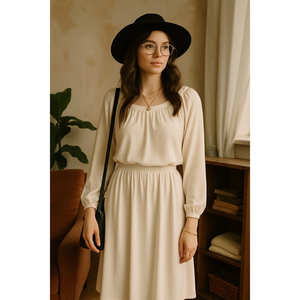 Vintage Ivory Two Piece Set Long Sleeve Blouse & Midi Skirt Women’s Small